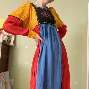 Vintage 70-80 gauze primary tribal print dress